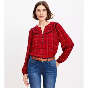 Womens NWOT LOFT Plaid Stitch Yoke Cottagecore Blouse Top
